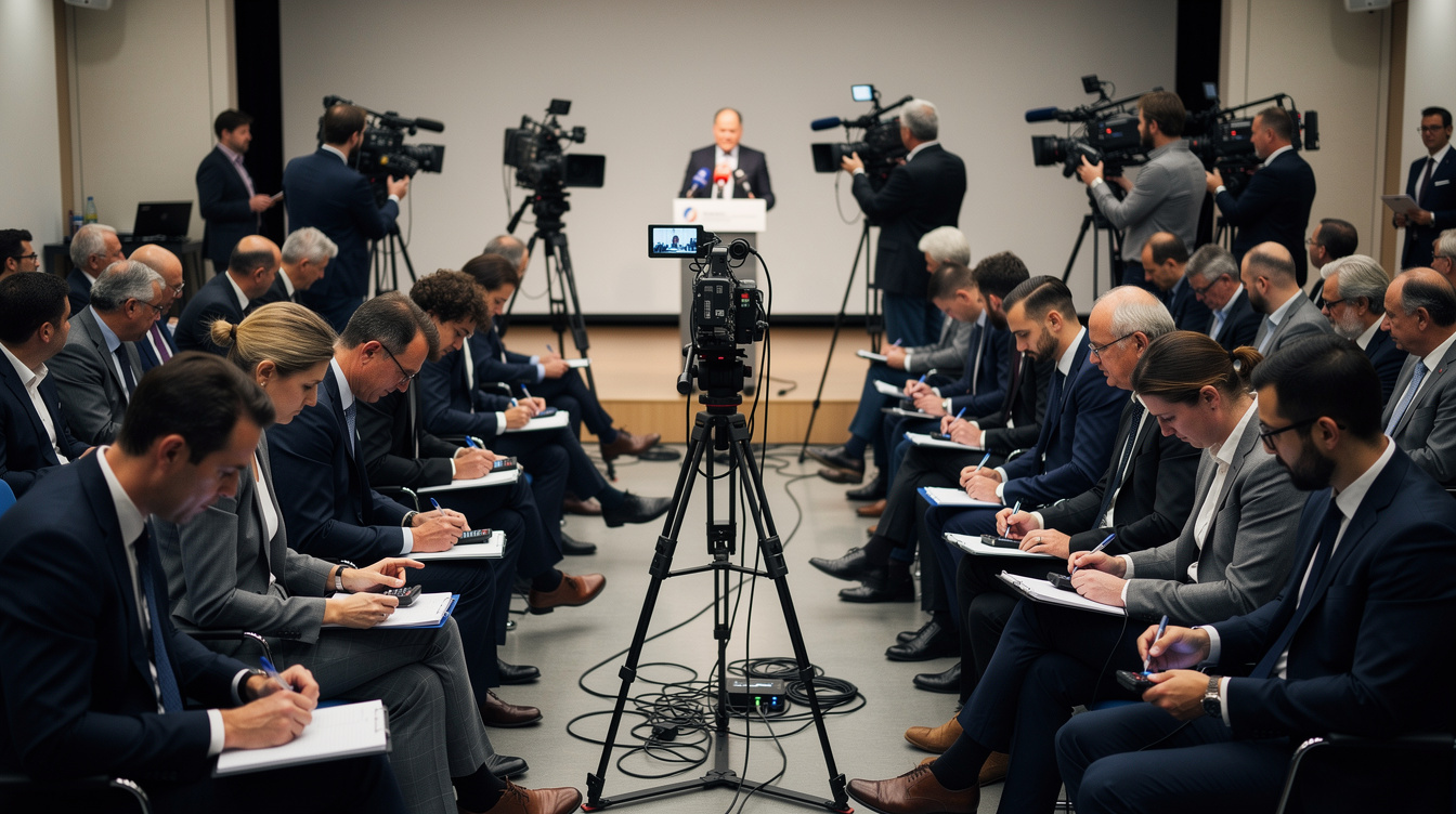 Press conference room with journalists and cameras