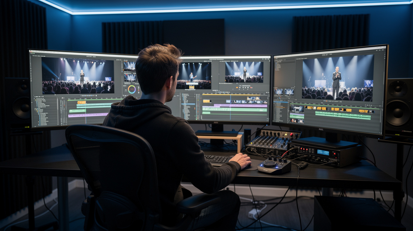 Video editor working at a post production desk