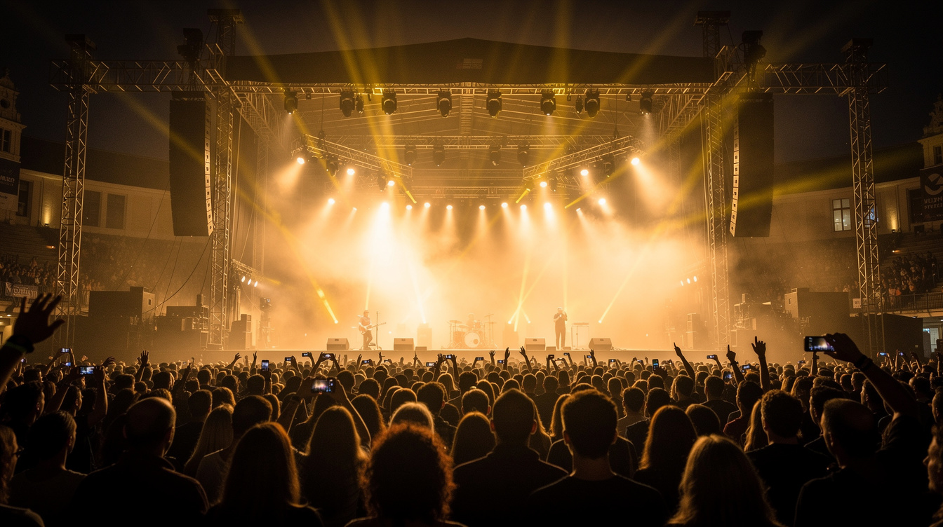 Concert stage lit by spotlights with silhouetted crowd
