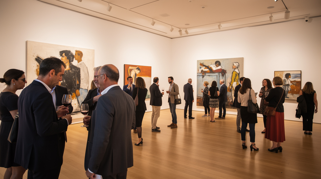 Visitors at a contemporary art exhibition opening