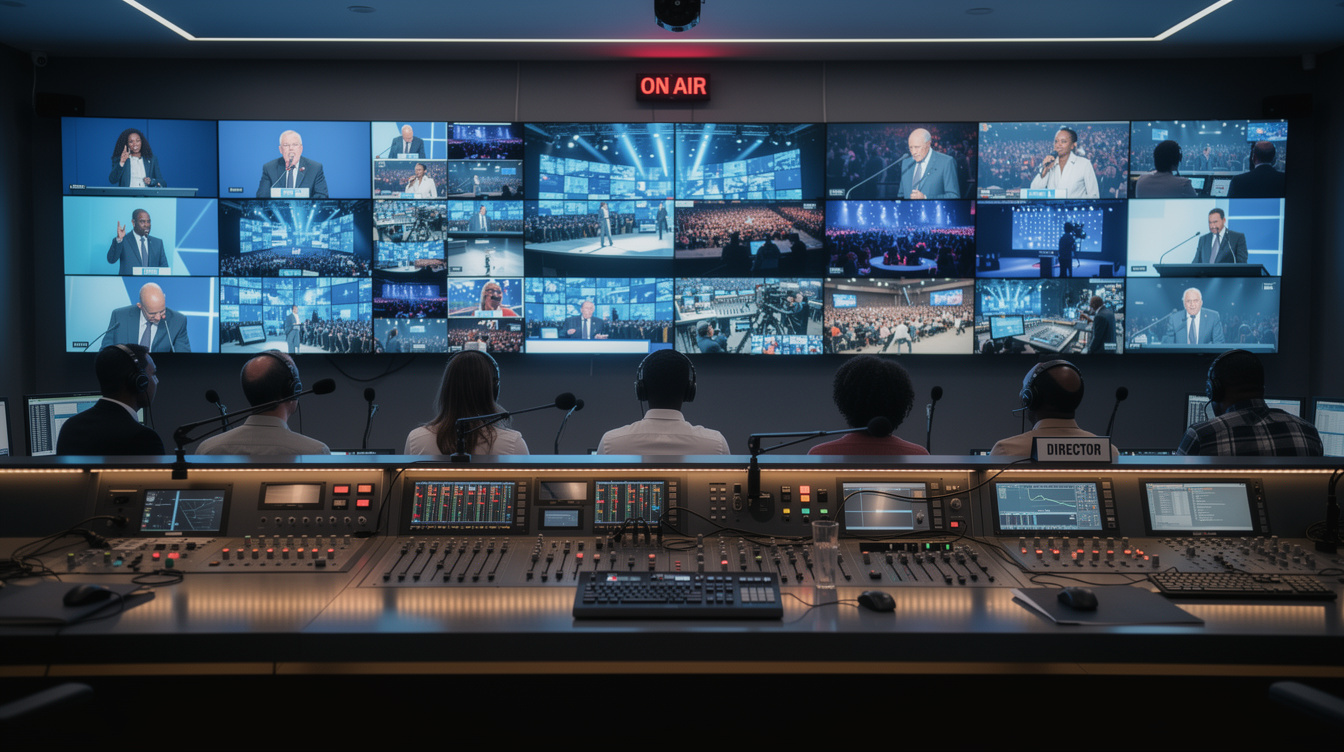 Broadcast control room with multiple monitors